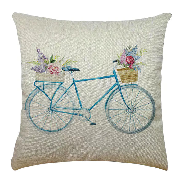 Bicycle Illustration Linen Pillow Cover with English Letters