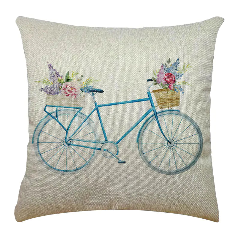 Bicycle Illustration Linen Pillow Cover with English Letters